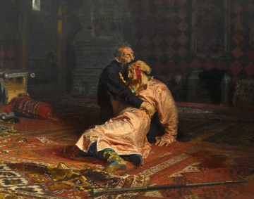 The fatal blow has passed, and father and son collapse together.