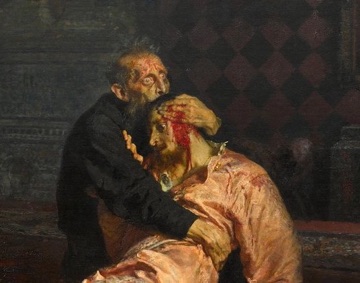 His wounded son meets the embrace with a fading gaze.