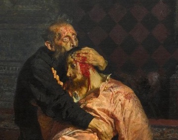 Blood runs from the wound beside the son's temple.