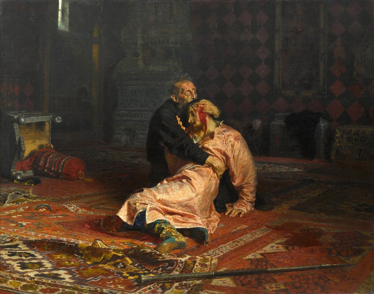 Ivan the Terrible and His Son Ivan by Ilya Repin: an older man in black cradles a younger man in a pale pink robe, pressing a hand to his bloodied head on the patterned carpet of a dark room.