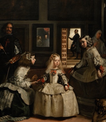 The infanta stands in white between two attendants.