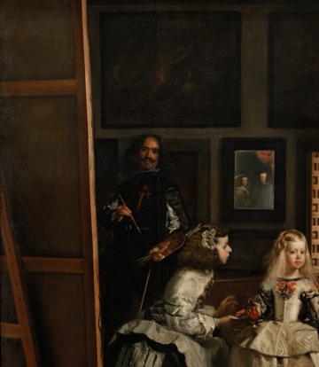 Velázquez pauses at the towering canvas on the left.