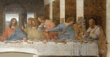 The apostles at the right argue across raised hands.