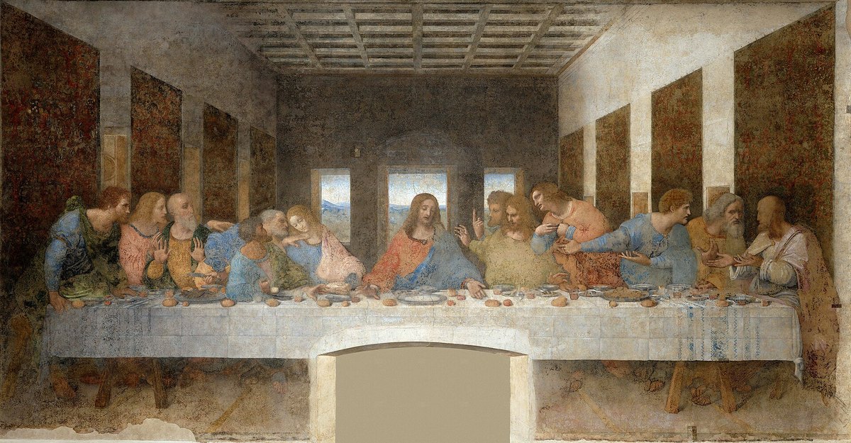 The Last Supper by Leonardo da Vinci: Christ sits at the centre of a long table as twelve apostles react in four groups, the room’s perspective lines converging on his head