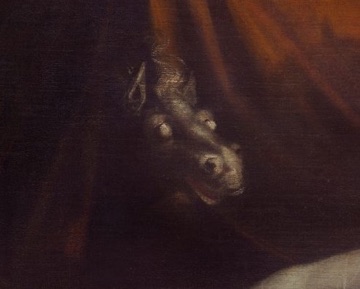 A horse's pale head bursts through the curtain.