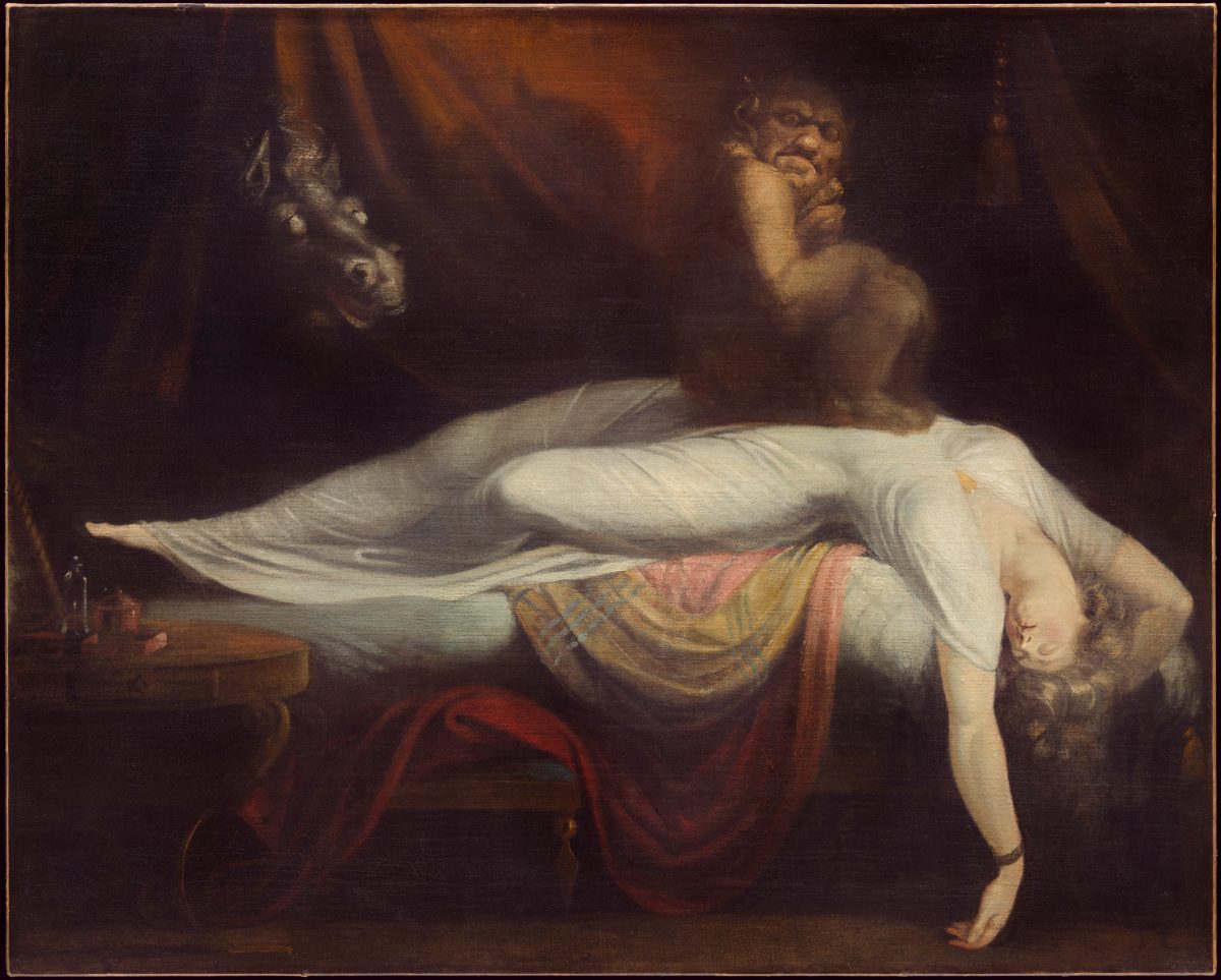 The Nightmare by Henry Fuseli: a woman in white sprawls back across a bed with one arm dropping to the floor, a small demon crouching on her chest and a pale wide-eyed horse pushing through the dark curtain behind