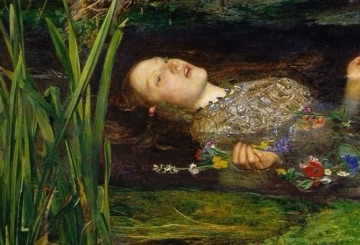 Her face turns upward between the reeds.
