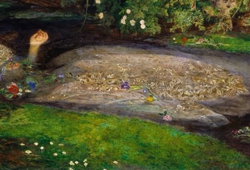Her silver dress spreads across the water.