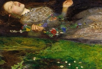 Bright flowers drift beside her lowered hand.