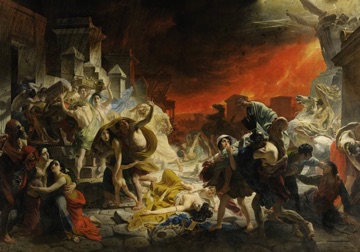 Pompeii erupts into panic beneath a red sky.