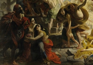 A family clings together at the lower left.