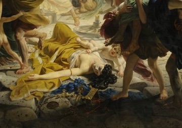 A fallen woman lies beside her scattered jewelry.