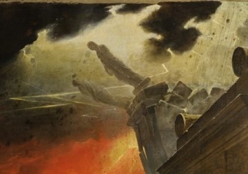 Lightning illuminates the statues as they fall from the roof.