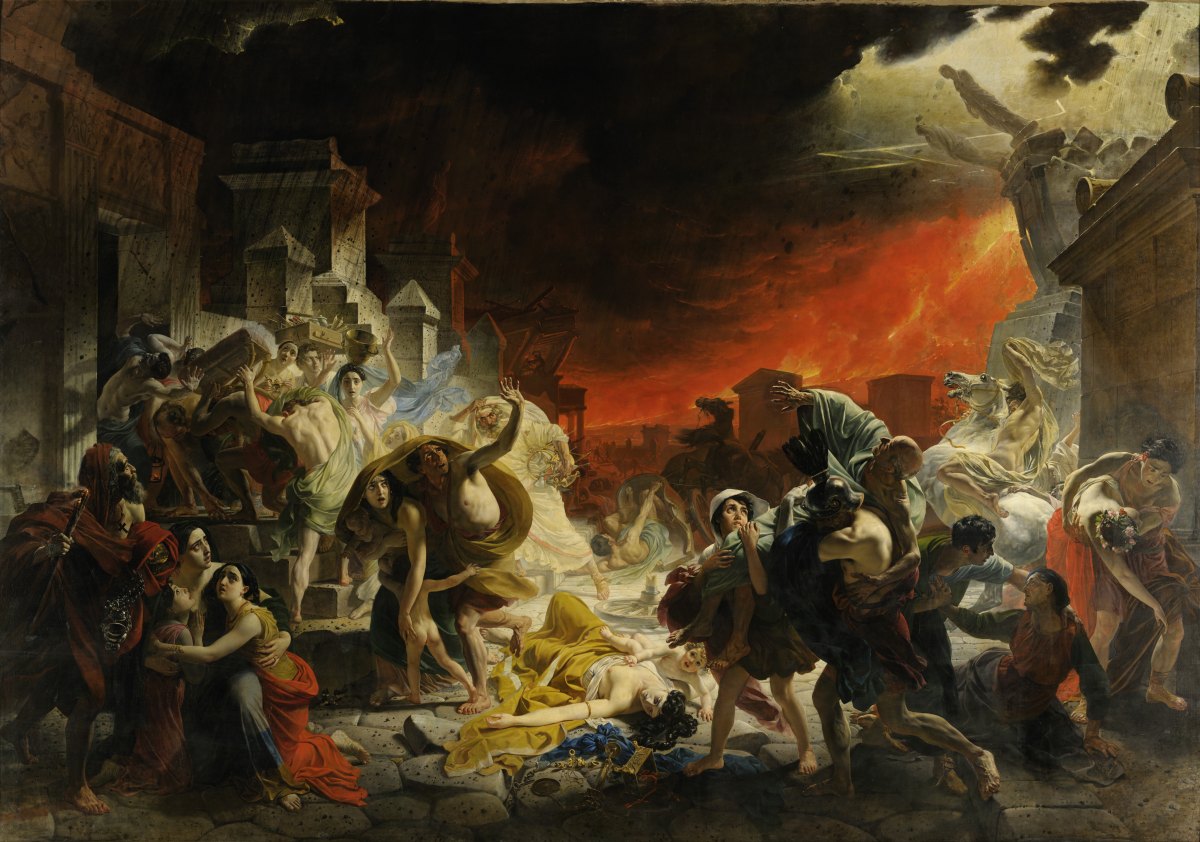 The Last Day of Pompeii by Karl Bryullov: crowds flee through a collapsing street under a red volcanic sky as statues topple from a rooftop and a woman lies fallen in the foreground