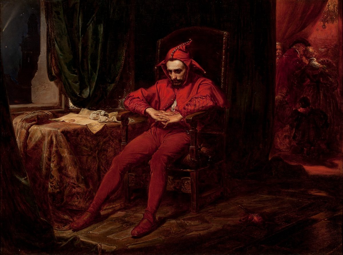 Stańczyk by Jan Matejko: a court jester in red sits slumped in a dark chair, hands clenched, while a ball glows through the doorway behind him