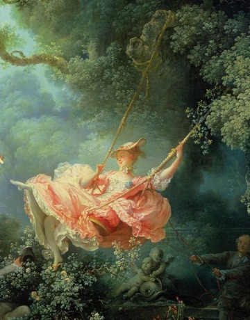 A woman in pink swings through a shadowed garden.
