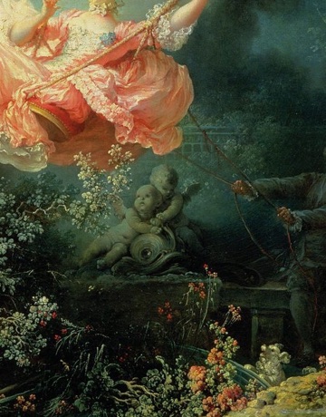 Two stone cupids huddle beneath the swing.