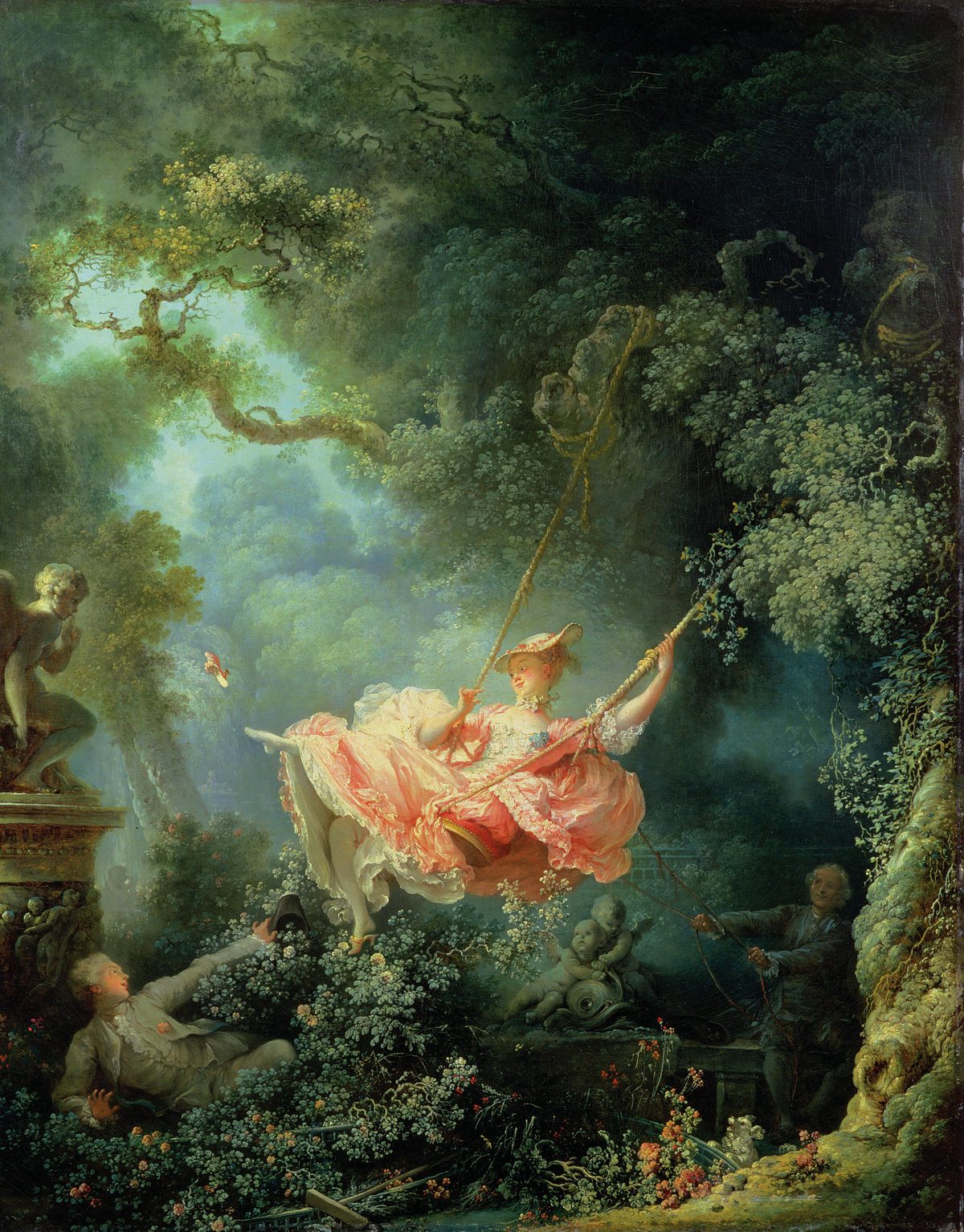 The Swing by Jean-Honoré Fragonard: a woman in a pink dress swings through a lush garden as a slipper flies from her foot, a young man hidden in the bushes below and an older man working the ropes behind