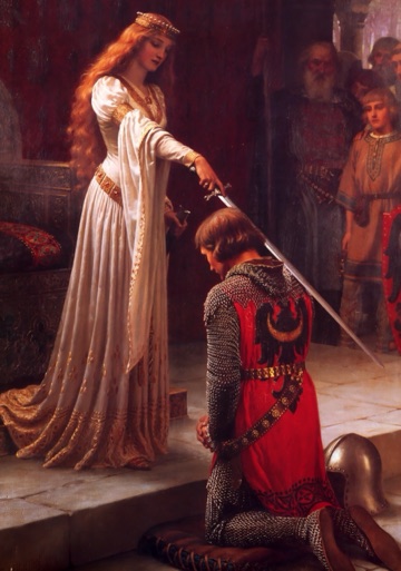 A kneeling knight waits before a woman in a white gown.