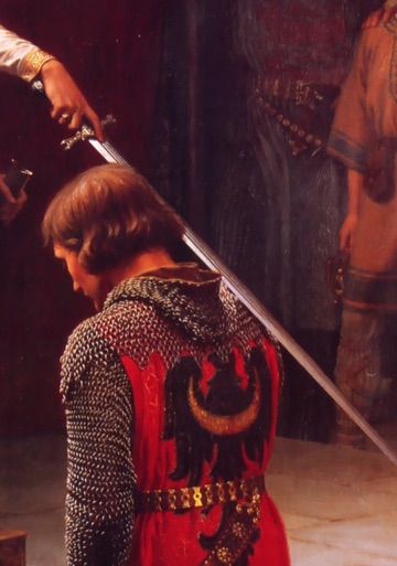 She lowers a sword to his shoulder for the accolade.