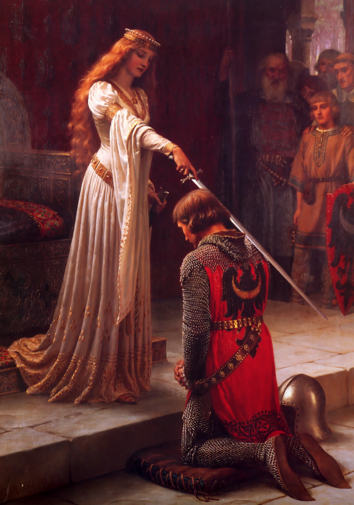 The Accolade by Edmund Blair Leighton: a crowned woman with long red hair, in a white and gold gown, lowers a sword onto the shoulder of a knight kneeling on a cushion in chain mail and a red surcoat, while a bearded old man, a boy and other onlookers watch in a stone hall.