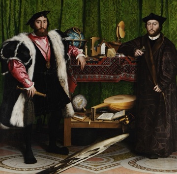 Two men flank shelves crowded with books, instruments and globes.