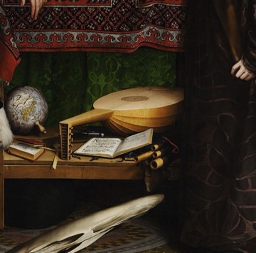 A lute with one broken string rests below.