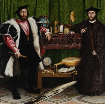 Objects of learning share the portrait with a reminder of death.