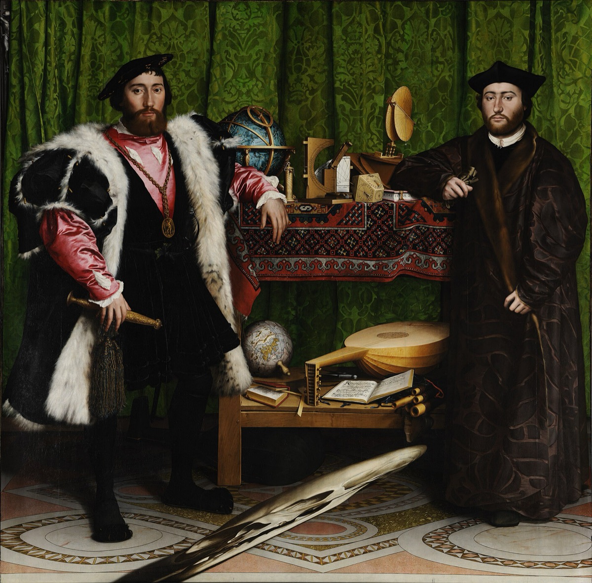 The Ambassadors by Hans Holbein the Younger: two richly dressed men stand either side of a two-shelf table of globes, instruments, books and a lute in front of a green curtain, while a long, pale, distorted skull slants across the floor between them.