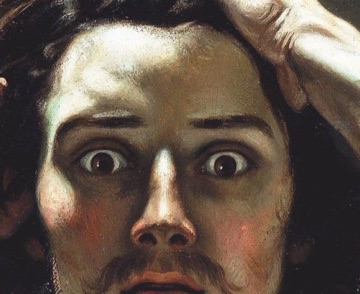 Wide eyes turn the self-portrait into sudden shock.