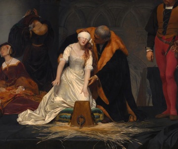 Blindfolded Lady Jane kneels before the execution block.