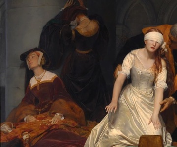 Two attendants collapse or turn away at left.