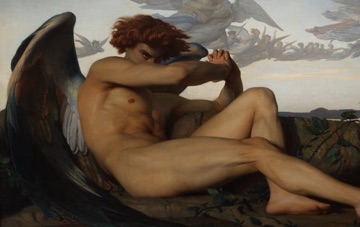Satan lies across the foreground after his fall from Paradise.