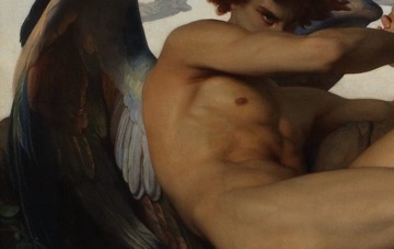 A blue-black wing cushions the body that has fallen from Paradise.