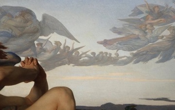 Behind him, the other angels rise in light and sing God’s glory.