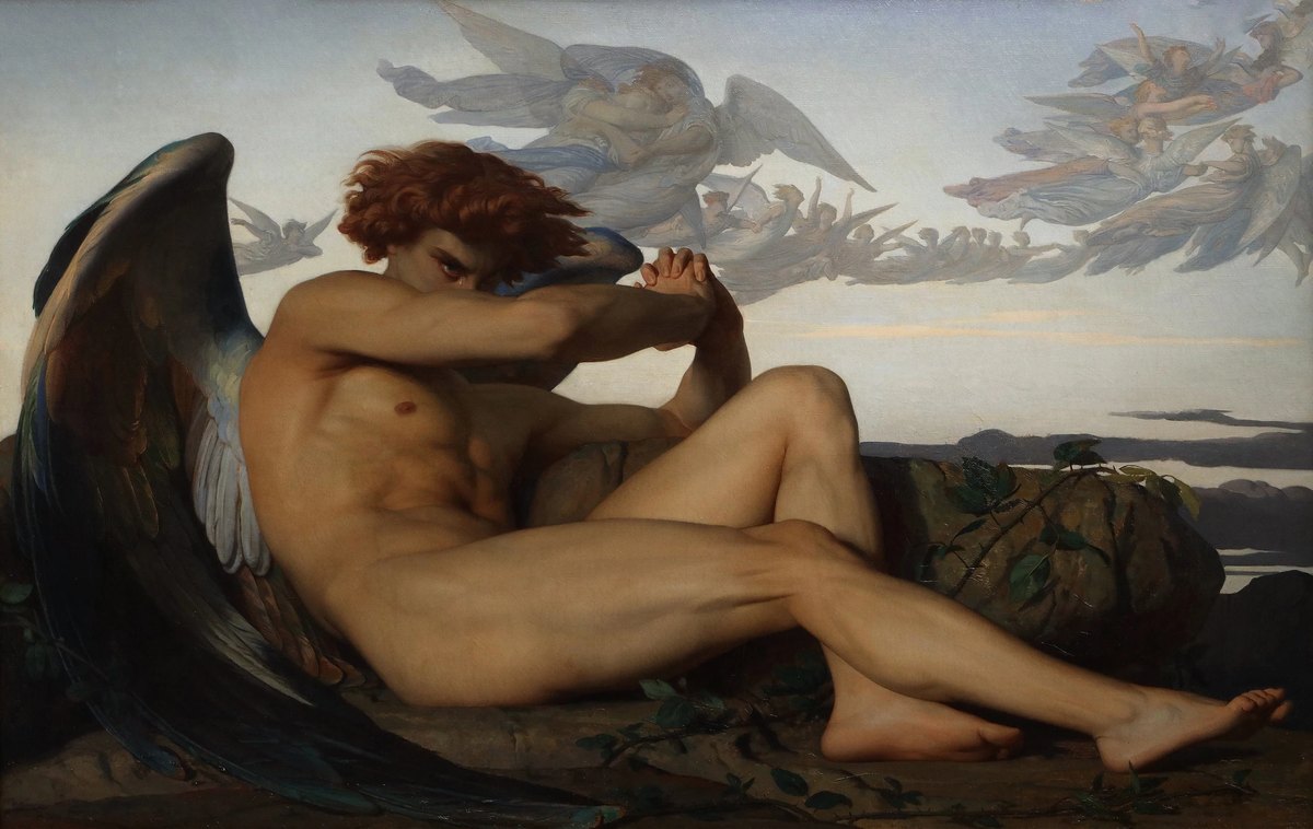 The Fallen Angel by Alexandre Cabanel: a winged young man sits on rocky ground, hiding part of his face behind his arms, with a tear beneath one eye and pale angels flying behind him.
