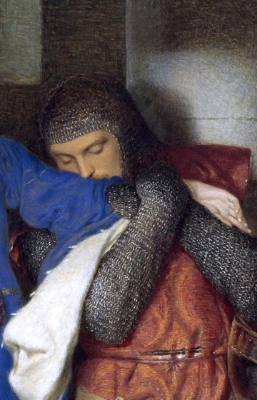 Chain mail and blue cloth meet at their embrace.