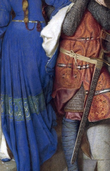Her blue dress meets his red tunic.