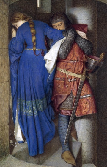 The narrow stair brings them together as their bodies turn apart.