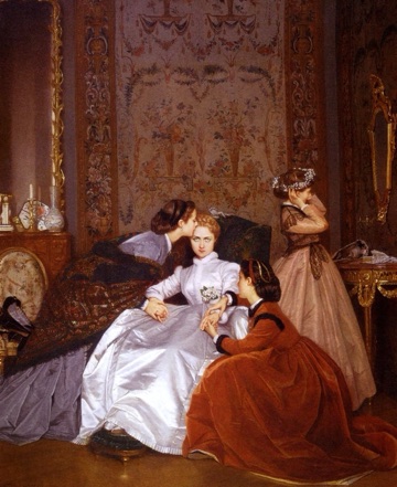 Four women gather in a salon prepared for a wedding.