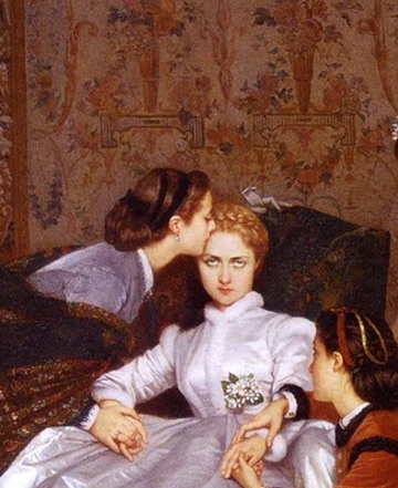 One companion bends to kiss the bride's forehead.