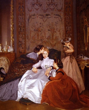 Her companions attend the bride, but her expression remains unsmiling.