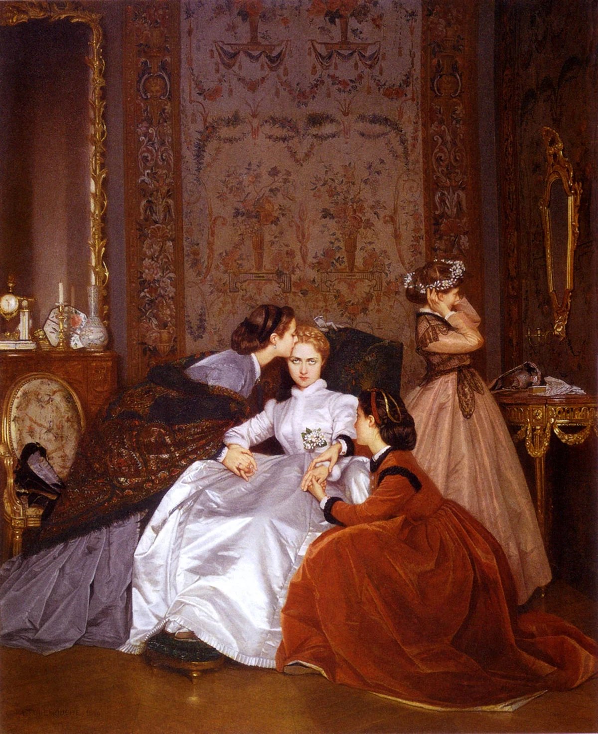 The Reluctant Bride by Auguste Toulmouche: a seated bride in a white satin dress looks directly outward; one woman kisses her forehead, another holds her hand, and a third adjusts a floral headdress.
