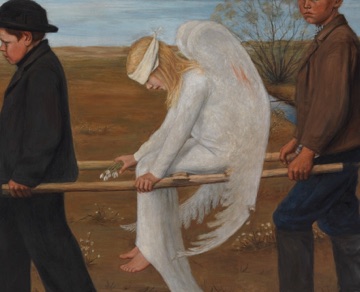 A wounded angel rides on a wooden stretcher.