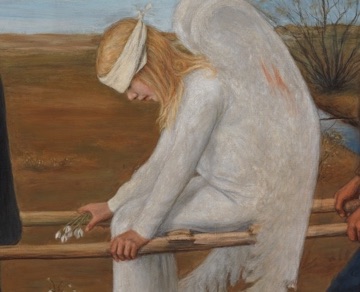 The bandaged angel sits bowed beneath white wings.