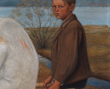 The boy’s brown coat contrasts with the angel’s white wings.