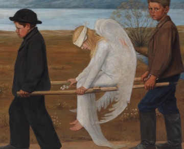 The bowed angel moves forward on the stretcher.